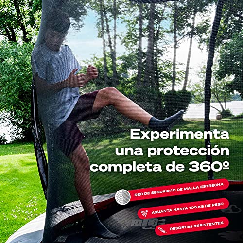 Sportstech Cama Elástica HTX500 | con aspersor de Agua de 360° + Bolas Multicolor | Juegos de Exterior - Trampolín para jardín - hasta 100/120 kg + Red de Seguridad | Ø 244/305 cm para niños