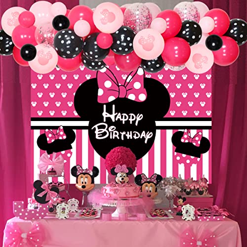 Suministros temáticos fiesta de cumpleaños Minnie, kit guirnalda de globos rosa roja y negra con telón fondo de Minnie para niñas 1º 2º 6 meses decoración fiesta de cumpleaños