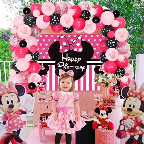 Suministros temáticos fiesta de cumpleaños Minnie, kit guirnalda de globos rosa roja y negra con telón fondo de Minnie para niñas 1º 2º 6 meses decoración fiesta de cumpleaños