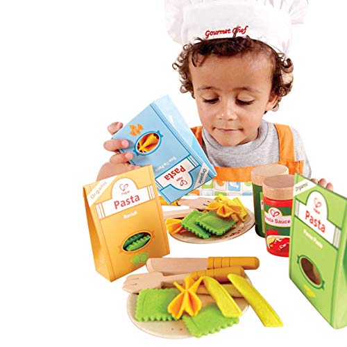 Surtido pasta de Hape, juego de chef y cocina de pasta de madera, papel y fieltro