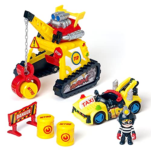 T-RACERS Turbo Crane Challenge– Grúa con Pinza, 1 piloto y 1 Coche Exclusivo y Accesorios. Pista de Coches de Juguete