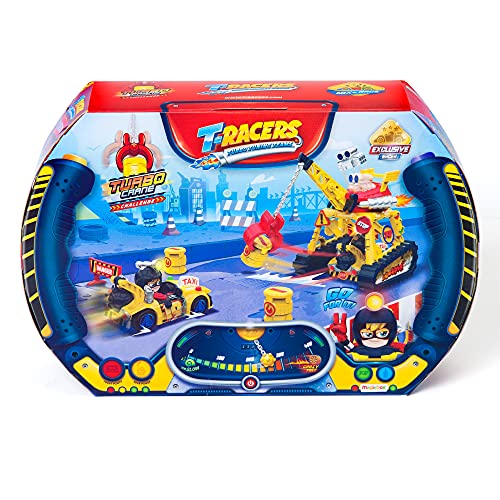 T-RACERS Turbo Crane Challenge– Grúa con Pinza, 1 piloto y 1 Coche Exclusivo y Accesorios. Pista de Coches de Juguete