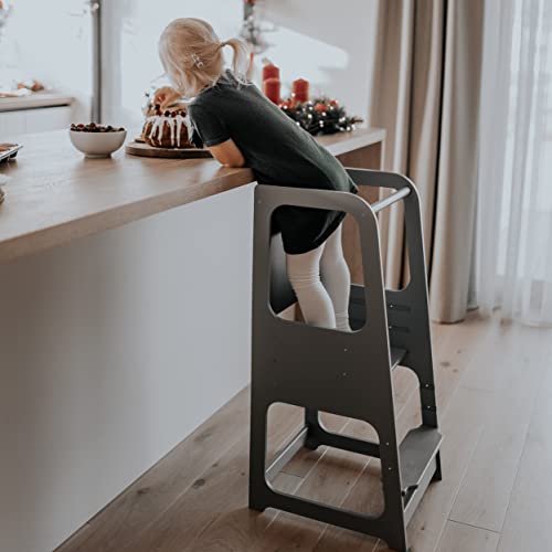 Torre de Aprendizaje Montessori - Plataforma de Madera para Trepar en la Cocina para Bebés y Niños - Torres Ajustables para Encimeras y Mesa - Taburete Seguro y Duradero - Learning Tower (Gris)