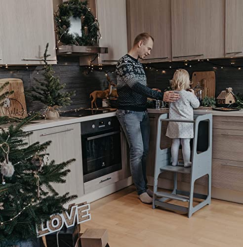 Torre de Aprendizaje Montessori - Plataforma de Madera para Trepar en la Cocina para Bebés y Niños - Torres Ajustables para Encimeras y Mesa - Taburete Seguro y Duradero - Learning Tower (Gris)