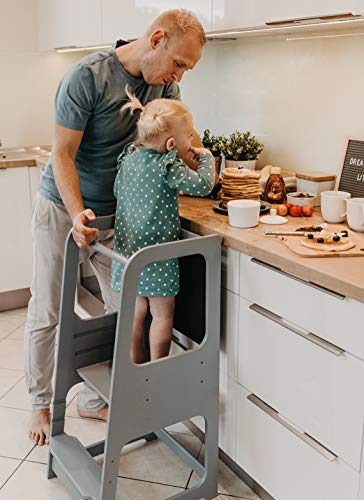 Torre de Aprendizaje Montessori - Plataforma de Madera para Trepar en la Cocina para Bebés y Niños - Torres Ajustables para Encimeras y Mesa - Taburete Seguro y Duradero - Learning Tower (Gris)