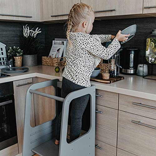 Torre de Aprendizaje Montessori - Plataforma de Madera para Trepar en la Cocina para Bebés y Niños - Torres Ajustables para Encimeras y Mesa - Taburete Seguro y Duradero - Learning Tower (Gris)