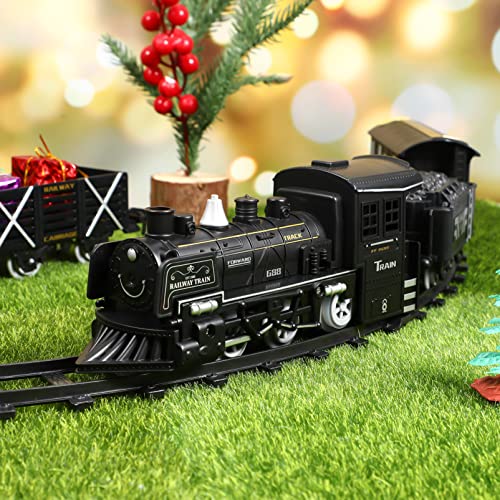 Toyvian Juego de tren eléctrico para niños, con pilas y motor de locomotora de vapor, autos de carga y pistas, juegos de tren de Navidad para debajo del árbol
