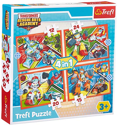 Trefl 34352 Transformers Academy - Juego de 4 rompecabezas para niños (12, 15, 20, 24 piezas)