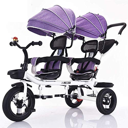 Triciclo gemelo de cuatro en uno para niños, bicicleta de dos plazas, cochecito con sombrilla, asiento giratorio bidireccional / mango de empuje trasero extraíble / pedales retráctiles, Color: púrpura