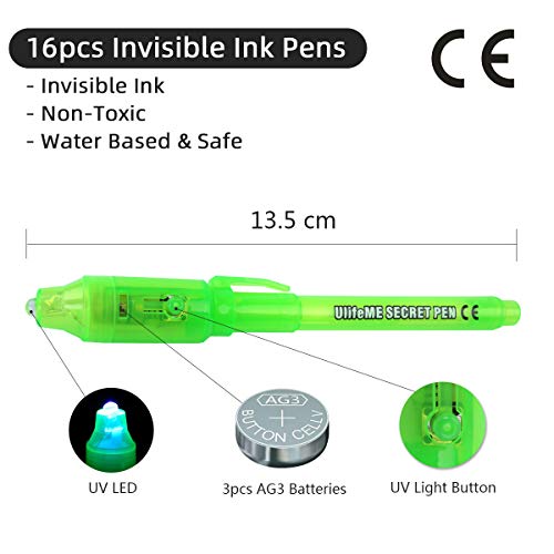 Ulifeme 16 Piezas Boligrafo de Tinta Invisible con Luz UV + 8 Piezas Libreta + 8 Tipos de Plantillas de Dibujo para Niños, Rotuladores Invisibles Luz Ultravioleta Kit Regalo para Cumpleaños & Fiesta