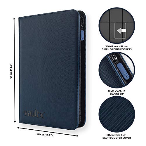 Vault X® Carpeta Exo-Tec® Premium - Álbum de 9 Bolsillos para Cartas Coleccionables - 360 Bolsillos de Inserción Lateral con una Correa Segura elástica ergonómica para TCG (Azul)