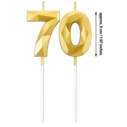 Velas de Número de Cumpleaños 70 Velas de Pastel en Forma de Diamante 3D Topper Decoración de Torta de Número 70 para Celebración Aniversario Bodas Cumpleaños, Oro