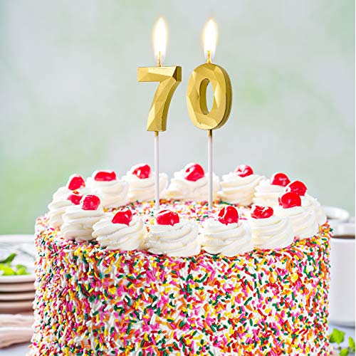 Velas de Número de Cumpleaños 70 Velas de Pastel en Forma de Diamante 3D Topper Decoración de Torta de Número 70 para Celebración Aniversario Bodas Cumpleaños, Oro