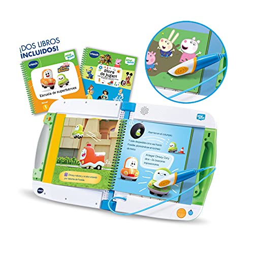 VTech- Magibook v2, Sistema de Aprendizaje Interactivo para niños +2 años, Incluye Libro Cory Bólidos + Otro de Muestra, versión ESP, Color Blanco/Verde (3480-613122)