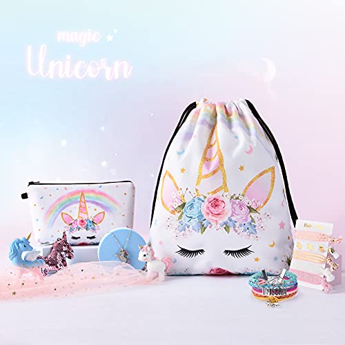 WERNNSAI Mochila Con Cordón Unicornio - Regalos Unicornio Para Niñas Cumpleaños Navidad 9 Piezas Bolsas Gimnasia Cordón Que Incluyen Bolsa Cosméticos Llavero Collar Unicornio Pulsera Lazos