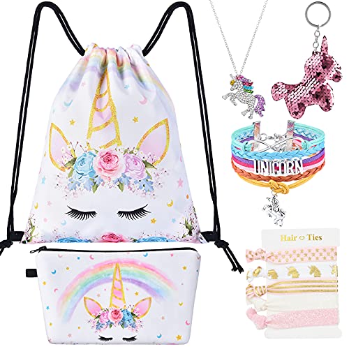 WERNNSAI Mochila Con Cordón Unicornio - Regalos Unicornio Para Niñas Cumpleaños Navidad 9 Piezas Bolsas Gimnasia Cordón Que Incluyen Bolsa Cosméticos Llavero Collar Unicornio Pulsera Lazos