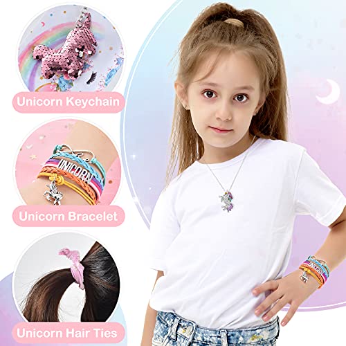 WERNNSAI Mochila Con Cordón Unicornio - Regalos Unicornio Para Niñas Cumpleaños Navidad 9 Piezas Bolsas Gimnasia Cordón Que Incluyen Bolsa Cosméticos Llavero Collar Unicornio Pulsera Lazos