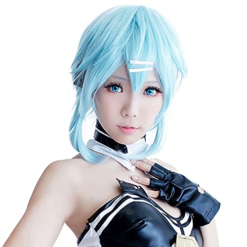 WHBHD 40 cm Hielo Corto Azul Peluca Espada Arte en línea Cosplay Peluca Sinon / Asada Shino Traje Juego Pelucas Halloween Fiesta Anime Juego Pelo