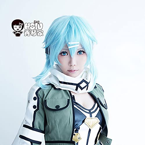 WHBHD 40 cm Hielo Corto Azul Peluca Espada Arte en línea Cosplay Peluca Sinon / Asada Shino Traje Juego Pelucas Halloween Fiesta Anime Juego Pelo