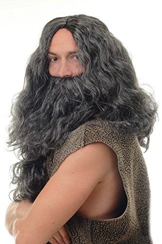 WIG ME UP- WIG011-P103PC309 Peluca y Barba Halloween Carnaval voluminoso señores Vikingo Normando Viejo enana bárbaro Negro Gris Mixto