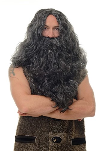 WIG ME UP- WIG011-P103PC309 Peluca y Barba Halloween Carnaval voluminoso señores Vikingo Normando Viejo enana bárbaro Negro Gris Mixto