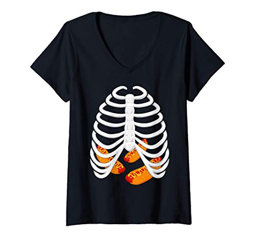 Womens Disfraz de Halloween de Hotdog Rib Cage Camiseta Mujer Cuello V