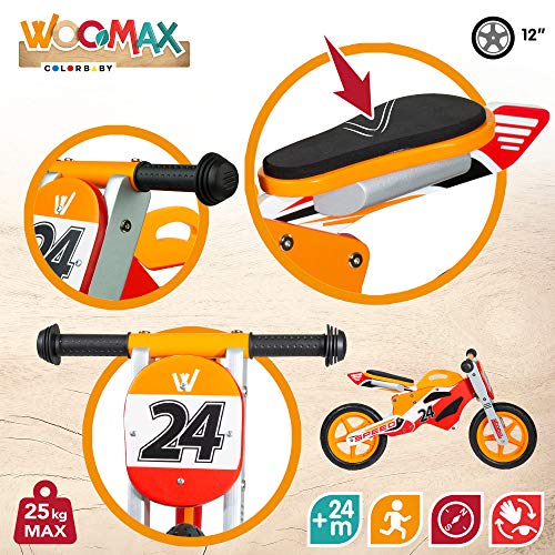 WOOMAX - Bici sin pedales madera, puños de goma, bicicleta iniciación niños, bici sin pedales niño 2 años, asiento acolchado, máx 25 Kg, de 24 meses a 5 años (85371)