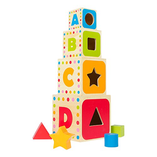 WOOMAX-Torre 4 cubos madera 37 cm y 4 figuras geométricas, colores parchís, (Colorbaby 43625)