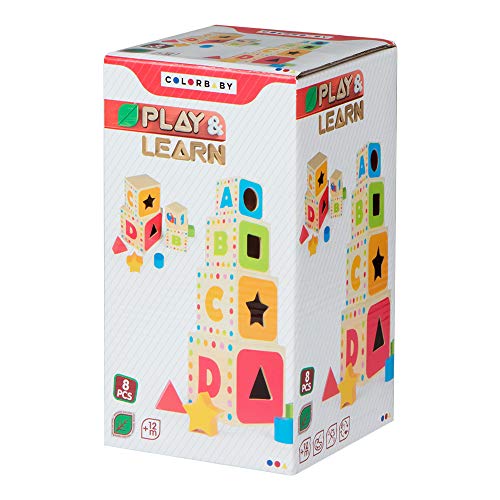 WOOMAX-Torre 4 cubos madera 37 cm y 4 figuras geométricas, colores parchís, (Colorbaby 43625)