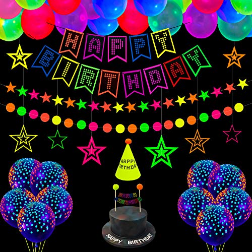 XJLANTTE 53 Piezas de Suministros de Fiesta de cumpleaños de neón Brillante, Globos de neón, Pancarta de Feliz cumpleaños Que Brilla en la Oscuridad con Adorno de Pastel reactivo a la luz Negra UV