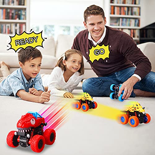 Yojoloin Coches de Juguetes Dinosaurios Juguetes Inercia Vehiculo Todoterreno Juguete Autos de Carreras con Rotación de 360° Monster Truck Regalos para 2 3 4 5 6 7 Niños Niñas Pequeño（4pcs）