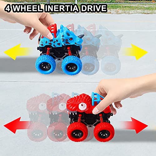 Yojoloin Coches de Juguetes Dinosaurios Juguetes Inercia Vehiculo Todoterreno Juguete Autos de Carreras con Rotación de 360° Monster Truck Regalos para 2 3 4 5 6 7 Niños Niñas Pequeño（4pcs）