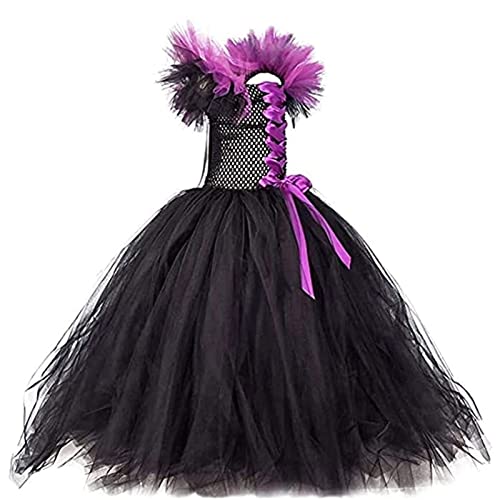 Yokbeer Disfraz de Maléfica para Niños Niñas Reina Malvada Bruja Malvada Señora del Mal Vestido de Tutú de Cosplay de Halloween con Diadema de Cuerno Alas de Ángel 3 Piezas Conjunto Vestido de Fiesta