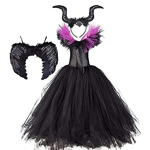 Yokbeer Disfraz de Maléfica para Niños Niñas Reina Malvada Bruja Malvada Señora del Mal Vestido de Tutú de Cosplay de Halloween con Diadema de Cuerno Alas de Ángel 3 Piezas Conjunto Vestido de Fiesta