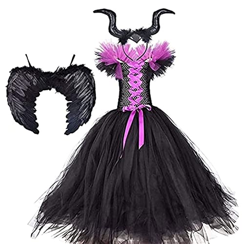 Yokbeer Disfraz de Maléfica para Niños Niñas Reina Malvada Bruja Malvada Señora del Mal Vestido de Tutú de Cosplay de Halloween con Diadema de Cuerno Alas de Ángel 3 Piezas Conjunto Vestido de Fiesta