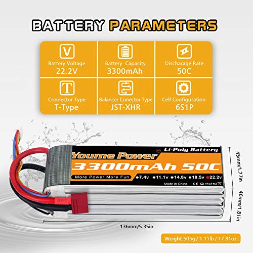 Youme 22,2 V 6S batería LiPo 3300 mAh 50C Deans T Enchufe para RC avión helicóptero Quadcopter Drone Coche camión Barco Modelo (2 Paquetes)