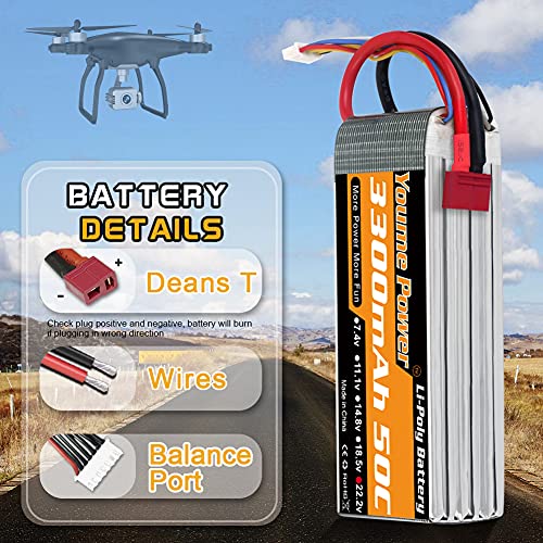 Youme 22,2 V 6S batería LiPo 3300 mAh 50C Deans T Enchufe para RC avión helicóptero Quadcopter Drone Coche camión Barco Modelo (2 Paquetes)