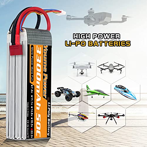 Youme 22,2 V 6S batería LiPo 3300 mAh 50C Deans T Enchufe para RC avión helicóptero Quadcopter Drone Coche camión Barco Modelo (2 Paquetes)