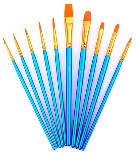 YXQSED Set de Cepillo de Pintura de 10 Piezas con 2 Piezas Paleta de la Bandeja de Pintura Fine Good Ronda Punta de Pincel Pelo Nylon para Niños Principiantes de Los Estudiantes (Conjunto azul)