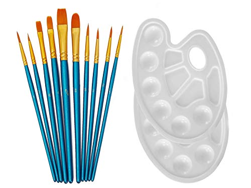 YXQSED Set de Cepillo de Pintura de 10 Piezas con 2 Piezas Paleta de la Bandeja de Pintura Fine Good Ronda Punta de Pincel Pelo Nylon para Niños Principiantes de Los Estudiantes (Conjunto azul)