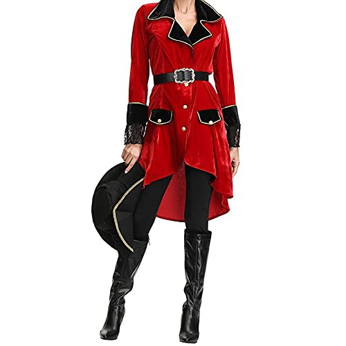 ZPPZ Disfraz Pirata Rojo Caribeño, Disfraz Pirata para Mujer con Sombrero, Vestido Niña Terciopelo para Navidad, Halloween, Festival, Baile Disfraces Red-XL