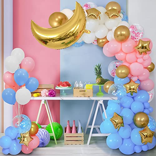 125 globos de decoración para fiestas, confeti de estrellas de papel de mylar en 3D, globos de látex pastel metálicos, globos azules, blancos, rosados, adecuados para baby shower, bodas, san valentín