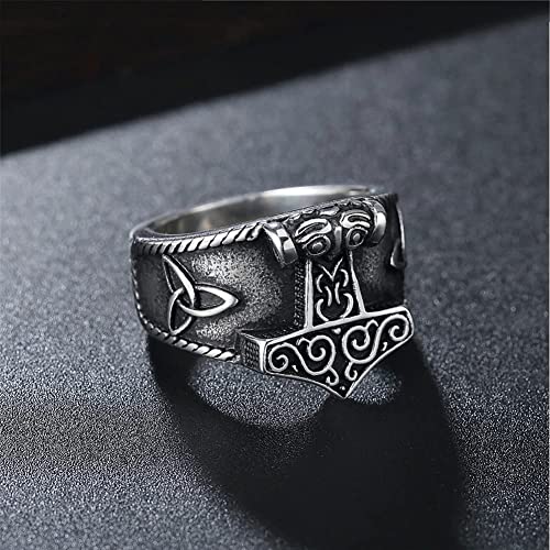 2022 Joyas de Amuleto Medieval de la Vendimia, Hombres nórdicos Mitología Odin Mitología MJÖLNIR Ring Viking THORES DE Acero Inoxidable Thors Hammer Celtic Nudo Rune RINGE Regalo (Size : 7)