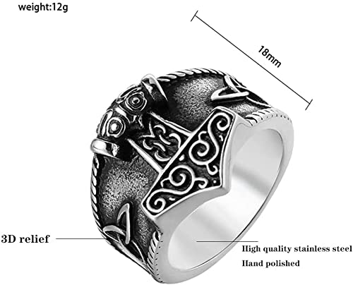 2022 Joyas de Amuleto Medieval de la Vendimia, Hombres nórdicos Mitología Odin Mitología MJÖLNIR Ring Viking THORES DE Acero Inoxidable Thors Hammer Celtic Nudo Rune RINGE Regalo (Size : 7)