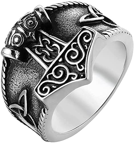 2022 Joyas de Amuleto Medieval de la Vendimia, Hombres nórdicos Mitología Odin Mitología MJÖLNIR Ring Viking THORES DE Acero Inoxidable Thors Hammer Celtic Nudo Rune RINGE Regalo (Size : 7)