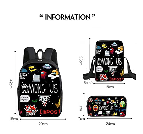 Among Us Trend Mochila Mochila Escolar de Tres Piezas + Bolsa de mensajero + Estuche para Lápices, al aire libre, Senderismo,Mochila de Hombre lobo Espacial Mochilas Escolares para Hombres y Mujeres