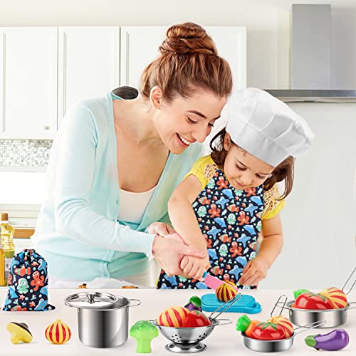 AMOYEE Juguetes de Cocina para niños, 25 Piezas Juguetes de Chef para Niños, Utensilios de Cocina de Acero Inoxidable, Manga, Vegetales para Cortar, Apto para niños Mayores de 3 años