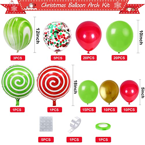 Arco Globos Navidad para Niños, Oro Rojo Verde Kit Arco Guirnalda Globos, 85 Ppiezas Metal ágata Globos de Látex con Globos de Papel de Caramelo para Decoraciones de Fiesta de Navidad de Cumpleaños