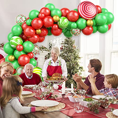 Arco Globos Navidad para Niños, Oro Rojo Verde Kit Arco Guirnalda Globos, 85 Ppiezas Metal ágata Globos de Látex con Globos de Papel de Caramelo para Decoraciones de Fiesta de Navidad de Cumpleaños