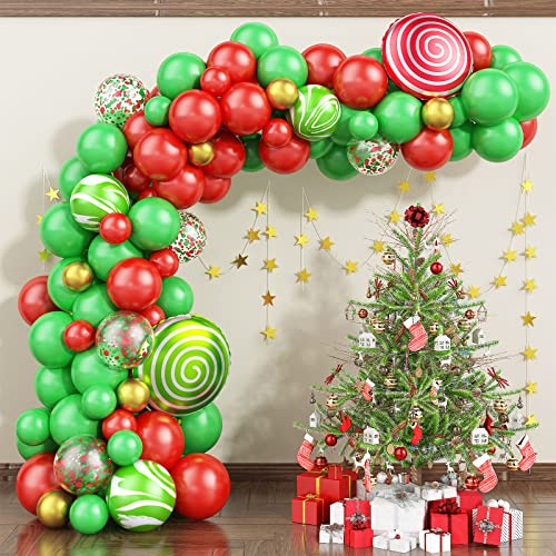 Arco Globos Navidad para Niños, Oro Rojo Verde Kit Arco Guirnalda Globos, 85 Ppiezas Metal ágata Globos de Látex con Globos de Papel de Caramelo para Decoraciones de Fiesta de Navidad de Cumpleaños